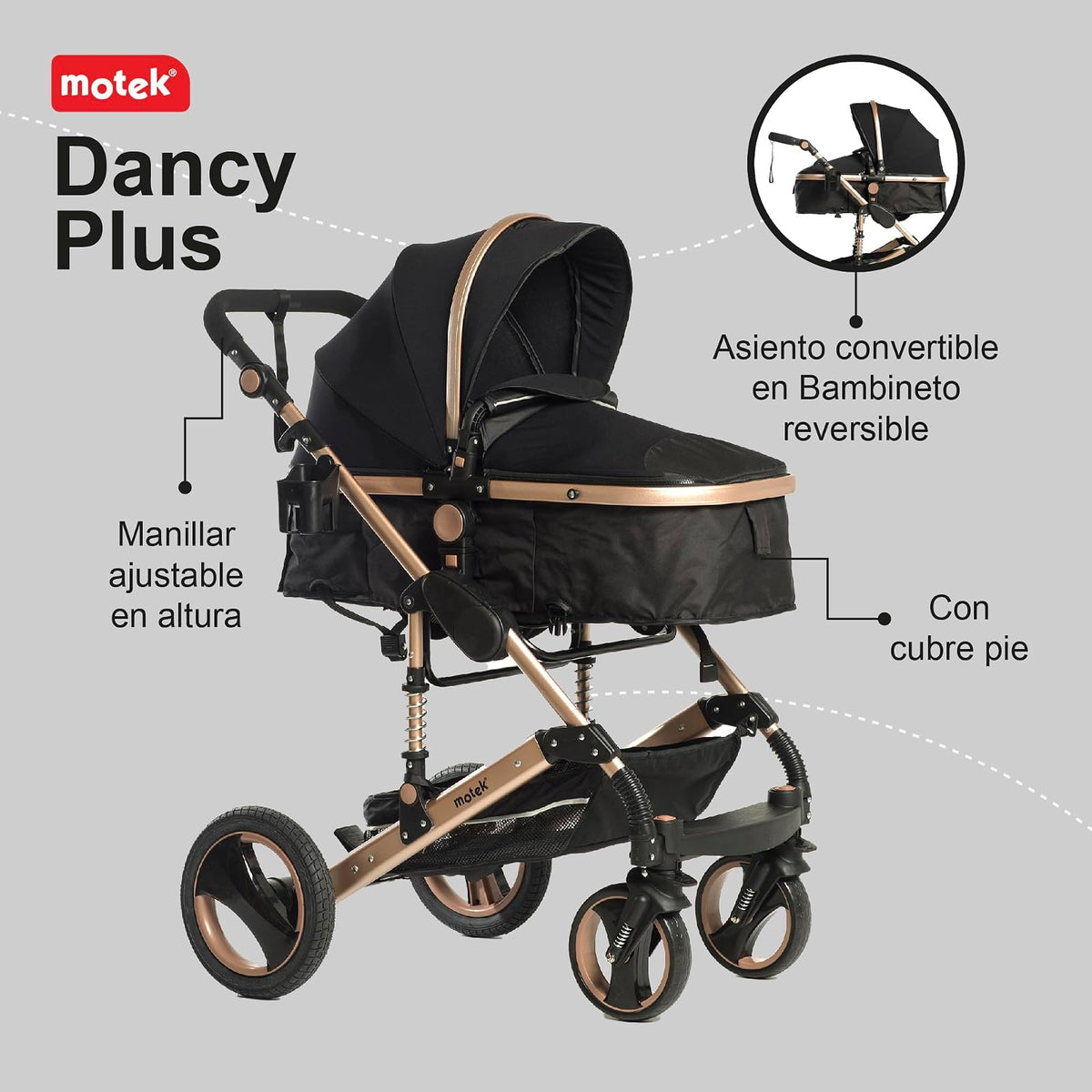 Carriola Bebe Motek Dan Plus 3 en 1 Portabebe Aluminio Negro