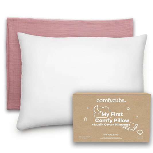 Comfy Cubs Toddler Pillow with Muslin Pillowcase, 13 x 18 in - Travel and Sleep Support for Kids - Lightweight, Microfiber Fill - Soft and Cozy Small Pillow for Toddlers - Mauve
