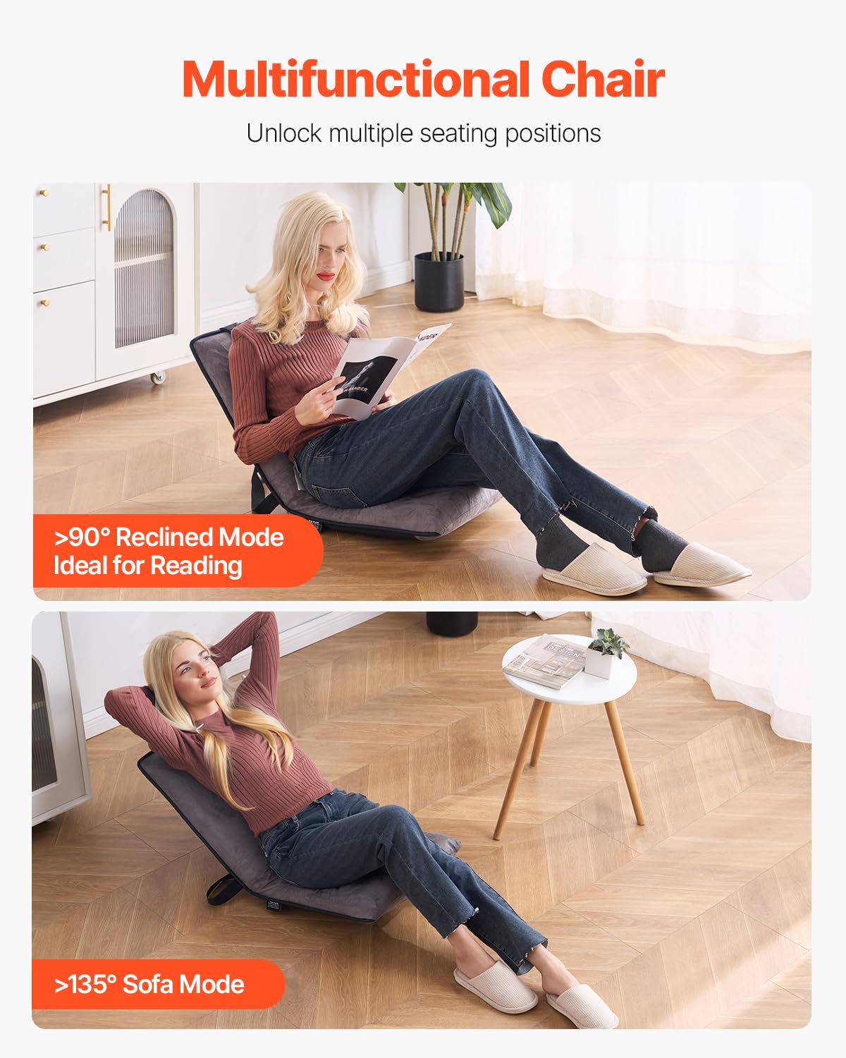 VEVOR Silla de Suelo Ajustable de 6 Posiciones con Respaldo para Meditación, Sillón Plegable 465 x 530 x 520 mm para Leer, Ver Televisión, Sillón Portátil para Niños, Adolescentes y Adultos, Gris