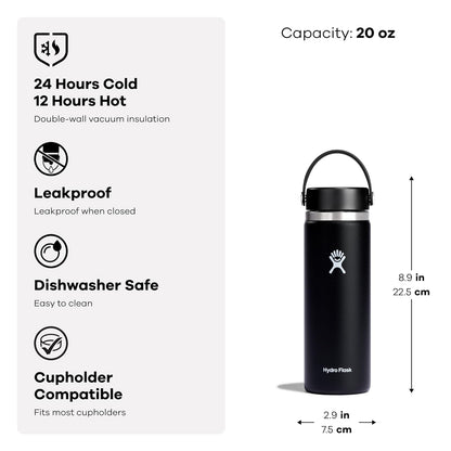 Hydro Flask - Botella de agua de acero inoxidable aislada, tapa flexible de boca ancha, no derrama, a prueba de fugas y recargable en 20 onzas