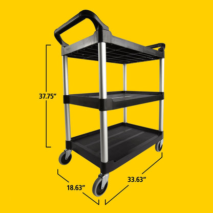 Rubbermaid Commercial Products (FG330400CLR) servicio de rodamiento de 3 estantes, servicio de utilidad/carrito de empuje, 90 libras. Capacidad, Negro, para servicio de comida/restaurante/limpieza