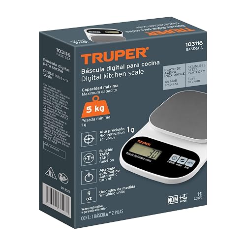 Truper BASE-5EA, Báscula digital para cocina plato de acero inoxidable 5kg