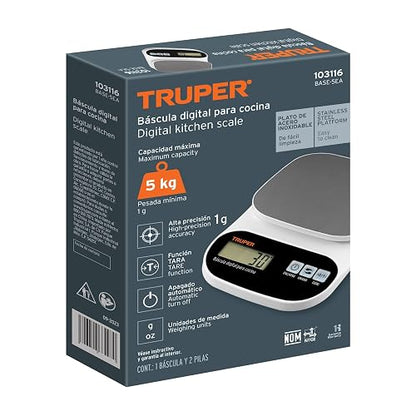Truper BASE-5EA, Báscula digital para cocina plato de acero inoxidable 5kg