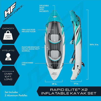 Bestway Hydro-Force - Juego de Kayak Inflable Rapid Elite para 2 Personas | Incluye Kayak, 2 paletas de Aluminio, Bomba de Mano, 2 Aletas y Bolsa de Transporte