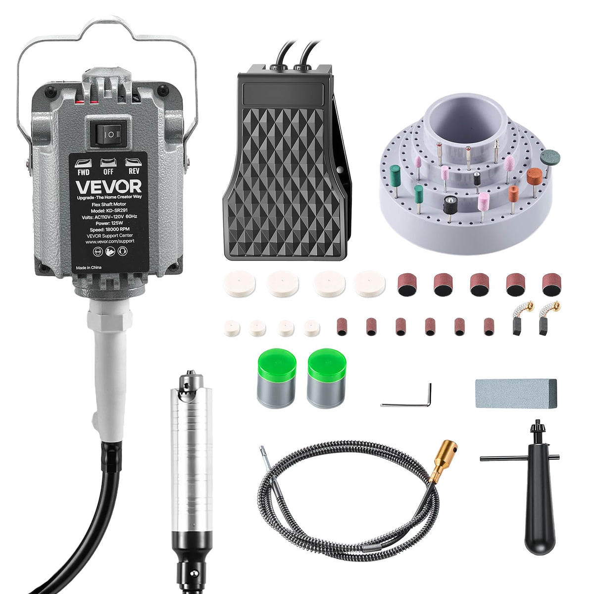 VEVOR Amoladora de eje flexible,herramienta rotativa eléctrica de eje flexible de 125 W y 18 000 RPM,amoladora colgante con control de pedal y kit de accesorios de 112 piezas para lijar,pulir y cortar