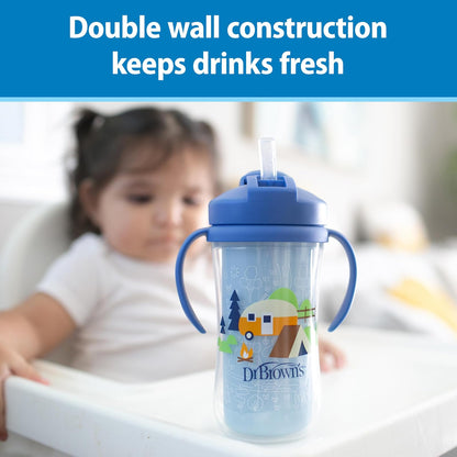 Dr. Brown's Milestones - Taza aislada para sorbos con popote y asas, vaso a prueba de derrames con tapa, paquete de 2, azul y verde, 10 onzas, 300 ml, última intervensión de BPA, 12 m +