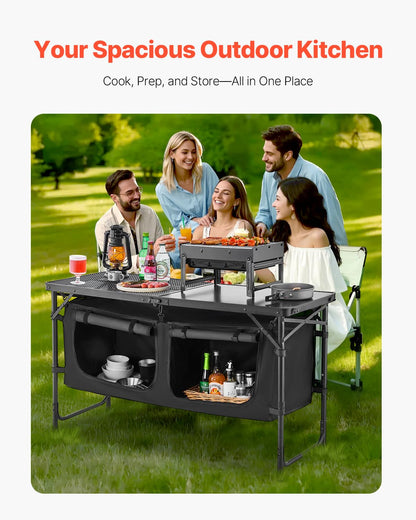 VEVOR Mesa de Cocina Plegable Portátil para Acampar, 3 Alturas Ajustables, de Aluminio, con Organizador de Almacenamiento, Asa de Transporte, para Barbacoa, Fiesta, Pícnic, Viajes en RV, Negro