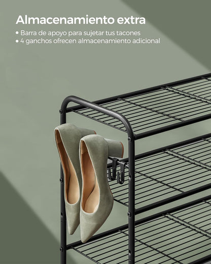 SONGMICS Zapatero, Organizador Zapatos de 2 Niveles, Estante Metálico, con 4 Ganchos, para 10 Pares, Altura Ajustable, Negro Tinta MLMR128B01