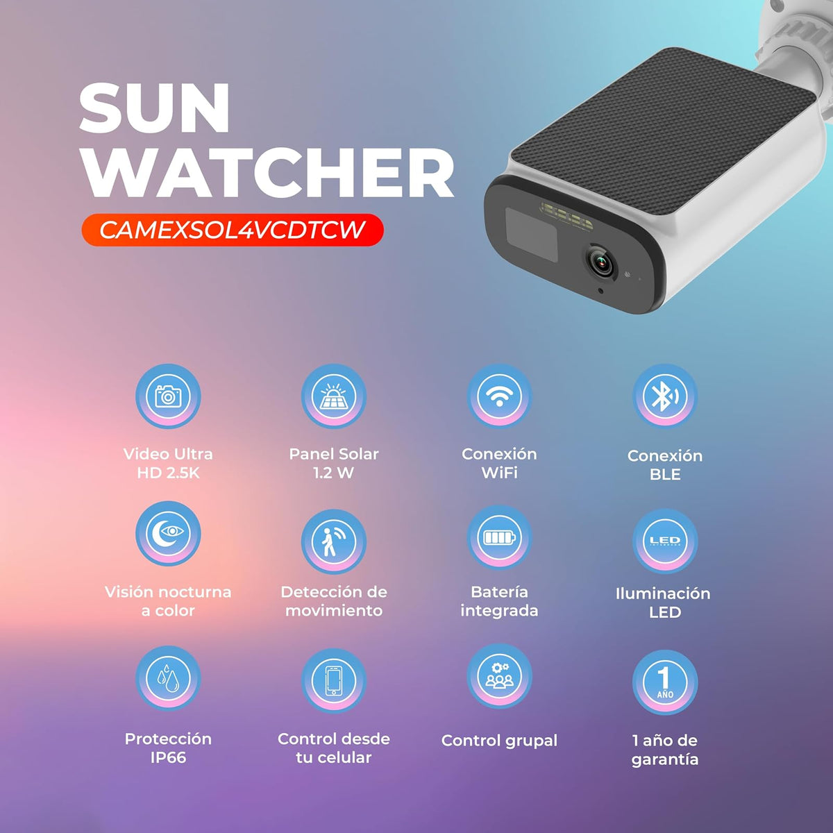 Tecnolite Connect - Cámara Solar de Seguridad Exterior WiFi Inteligente, Recargable, Inalámbrica, Panel Solar, Visión Nocturna, Compatible con App móvil y Asistentes de Voz