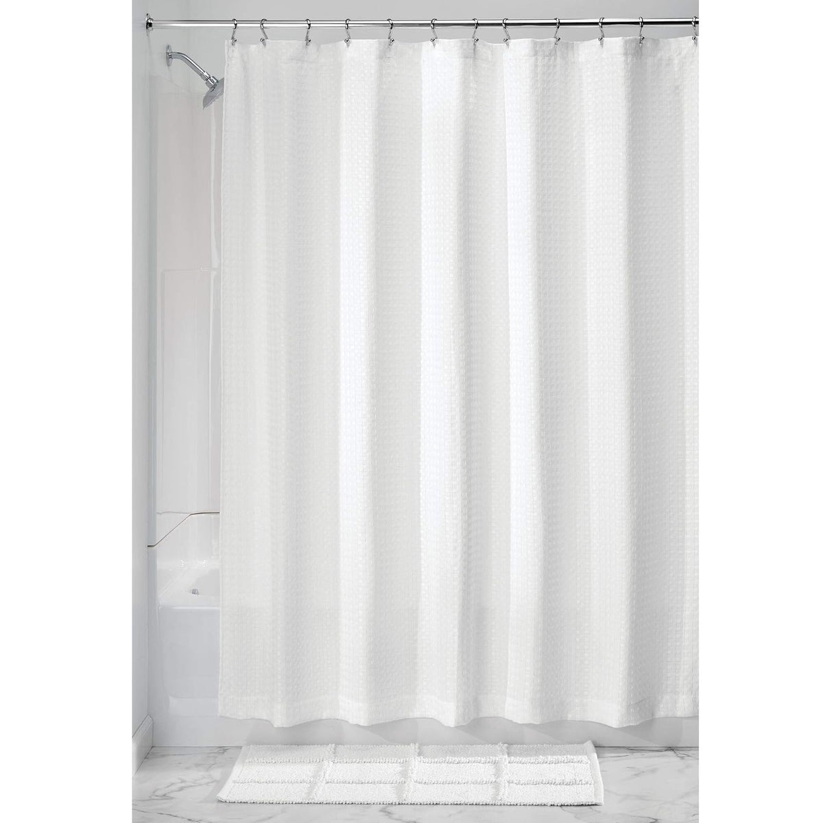 InterDesign Waffle Weave Fabric Shower Curtain, Luxury Hotel Style for Master, Guest, Kids' Bathrooms, Bathtubs, Stalls, White