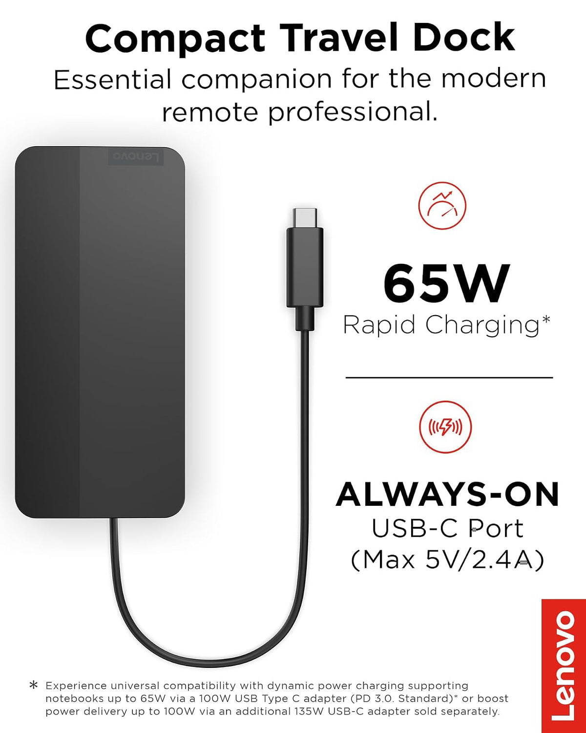 Lenovo USB-C Dual Display Travel Dock con Adaptador de Corriente de 100 W, 7 Puertos, Cable USB-C Integrado, compatibilidad Universal, Pantallas Dobles a 4K, Negro