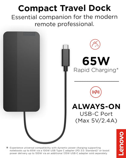 Lenovo USB-C Dual Display Travel Dock con Adaptador de Corriente de 100 W, 7 Puertos, Cable USB-C Integrado, compatibilidad Universal, Pantallas Dobles a 4K, Negro