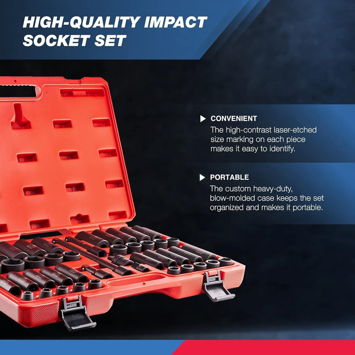 NEIKO 02330A - Juego de llaves de impacto de 1/2, surtido de 45 piezas, tamaños métricos de 9 mm a 32 mm, acero al cromo vanadio, barras de extensión, junta universal y adaptador, juego de pozos
