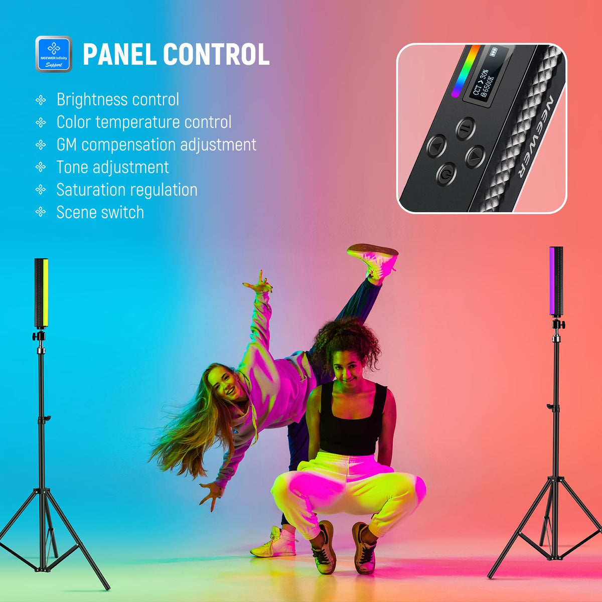 NEEWER RGB Varita de Luz, Fotografía Magnética Manual Youtube TikTok Vlog Video Light Stick Barra Luz Tubo Luz LED 2500K-8500K Regulable a Todo Color CRI95 2550mAh Batería 17 Escenas, 1 Paquete,TL20C