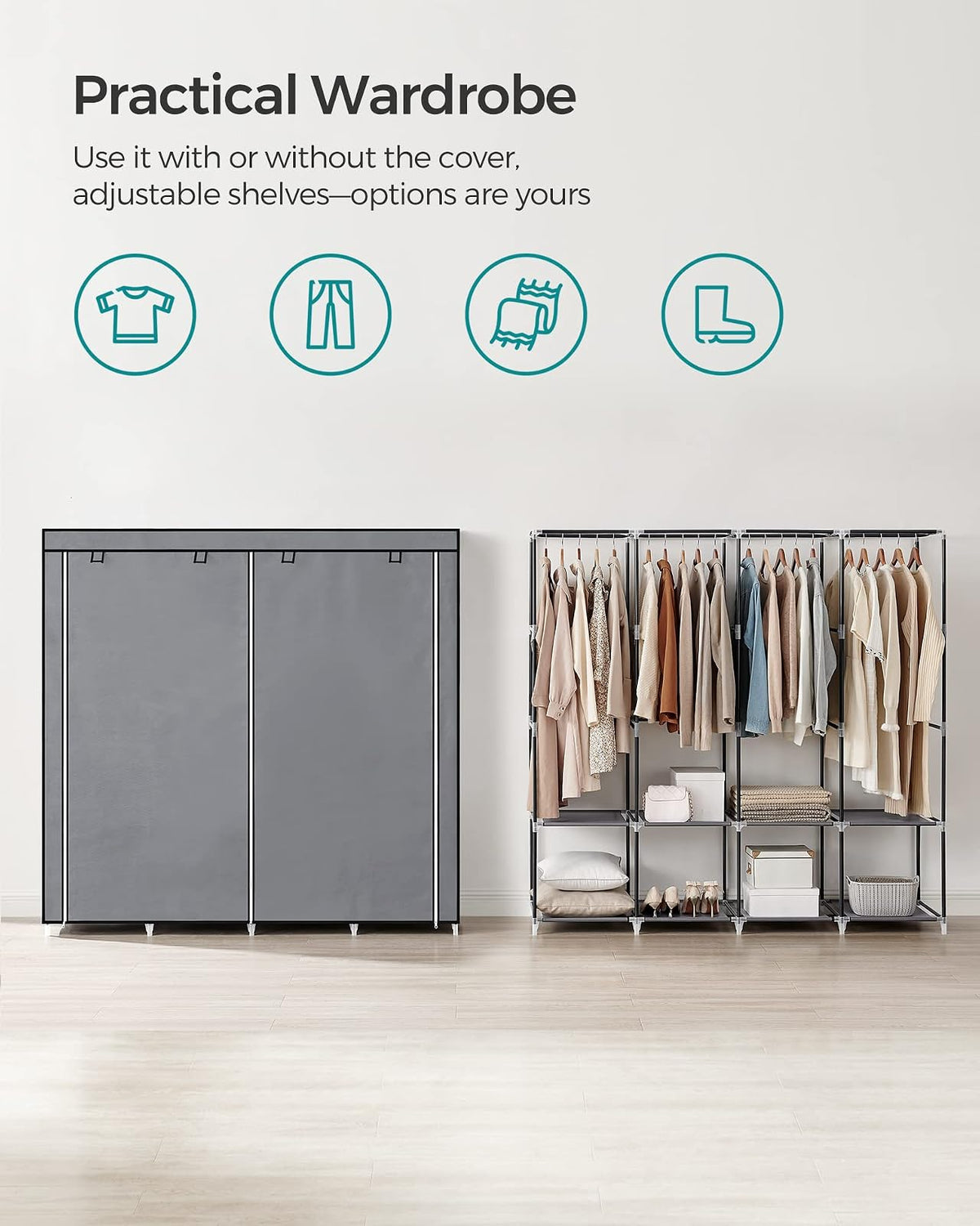 SONGMICS - Organizador portátil para clóset con Cubierta, 4 Varillas y estantes, 4 Bolsillos Laterales, 66.9 x 17.7 x 65.7 Pulgadas, Gran Capacidad para recámara, Sala de Estar, Gris URYG094G02