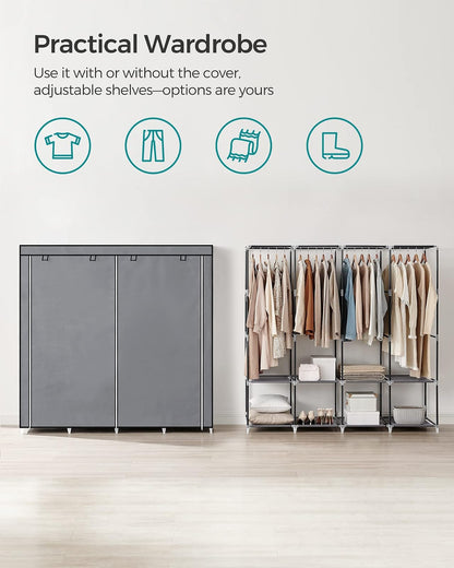 SONGMICS - Organizador portátil para clóset con Cubierta, 4 Varillas y estantes, 4 Bolsillos Laterales, 66.9 x 17.7 x 65.7 Pulgadas, Gran Capacidad para recámara, Sala de Estar, Gris URYG094G02