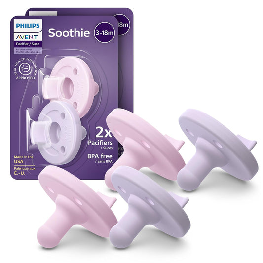 Philips Avent Soothie Chupones ortodónticos para bebés, chupones 100% silicona, de una pieza, sin BPA, para bebés de 3 a 18 meses, 2 lilas y 2 rosas, paquete de 4, modelo SCF192/70