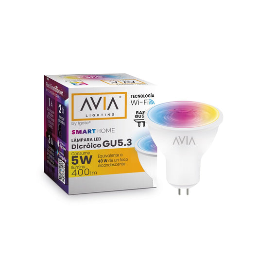iGoto Foco Inteligente Dimmable GU5.3 Wifi AVIA, RGB 2700 a 6500K Multicolor SmartHome, compatible con IOS, Android, Asistente de Google y Alexa, Multivoltaje 400 lm, 5W Control de voz SH2003