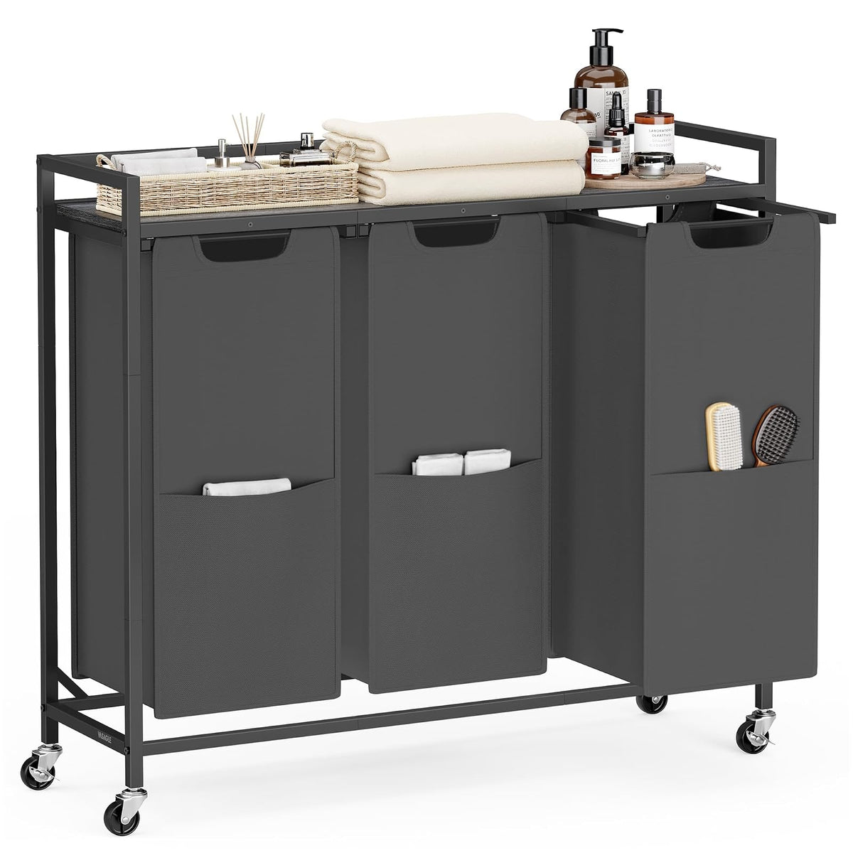 VASAGLE Clasificador de ropa de 43.5 galones UBLH031G01 - Cesta de lavandería con 3 compartimentos, carrito con ruedas, estante, bolsas extraíbles, bolsillos, gris pizarrón y gris carbón