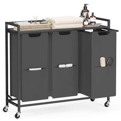 VASAGLE Clasificador de ropa de 43.5 galones UBLH031G01 - Cesta de lavandería con 3 compartimentos, carrito con ruedas, estante, bolsas extraíbles, bolsillos, gris pizarrón y gris carbón