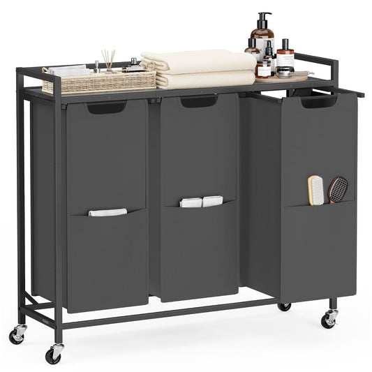 VASAGLE Clasificador de ropa de 43.5 galones UBLH031G01 - Cesta de lavandería con 3 compartimentos, carrito con ruedas, estante, bolsas extraíbles, bolsillos, gris pizarrón y gris carbón