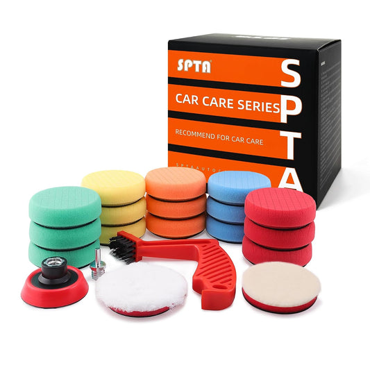 SPTA - Juego de almohadillas para orejas para pulir taladro, 20 almohadillas para orejas de pulido de espuma de coche de 3 pulgadas (80 mm), almohadillas para orejas de lana, cepillo para polvo de