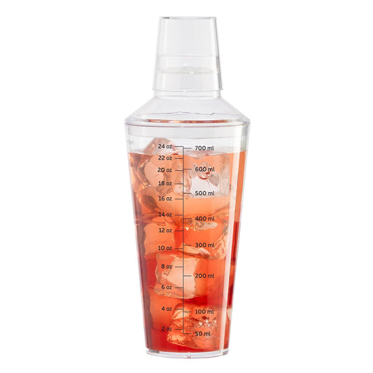 OGGI - Coctelera transparente de 24 onzas / 700 ml, construcción de plástico transparente duradero, colador integrado, mezclador ideal para bebidas en el hogar, kit de camarero, accesorios esenciales