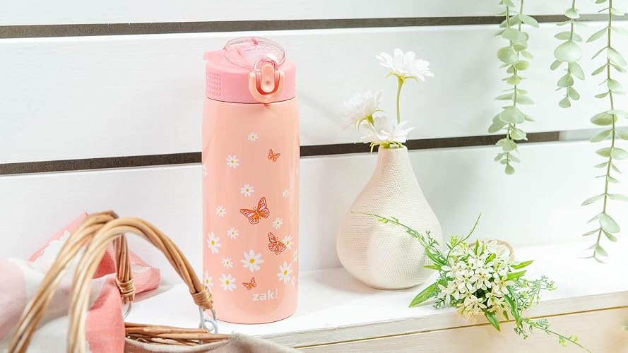 Zak Designs - Botella de agua para viajes y en casa, 19 onzas aislada al aspiradora de acero inoxidable con tapa de boquilla de bloqueo, bucle de transporte integrado, diseño a prueba de fugas