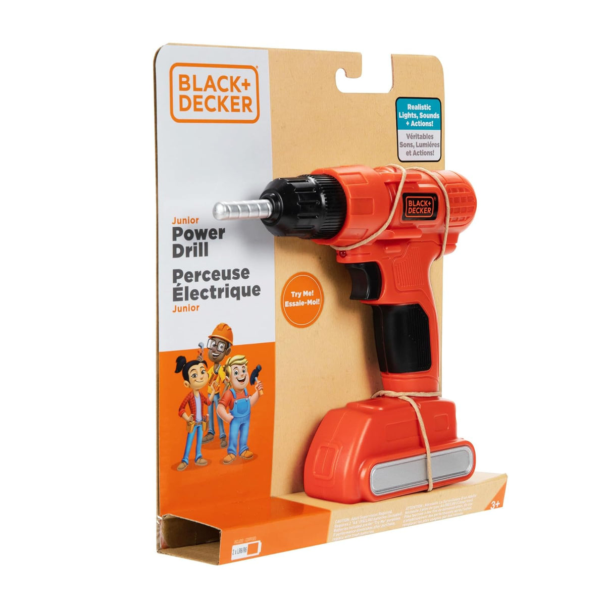 Jakks Pacific Taladro Eléctrico de Juguete Black+Decker, Incluye baterías | Sonido real, accesorios intercambiables, imaginación, coordinación motriz, juegos de rol, edad 3+ años