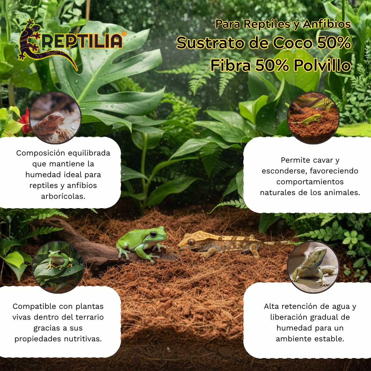 Lomas Reptilia Sustrato de Coco para Reptiles y Anfibios 50% Fibra 50% Polvillo Alta Retención de Humedad 8 litros