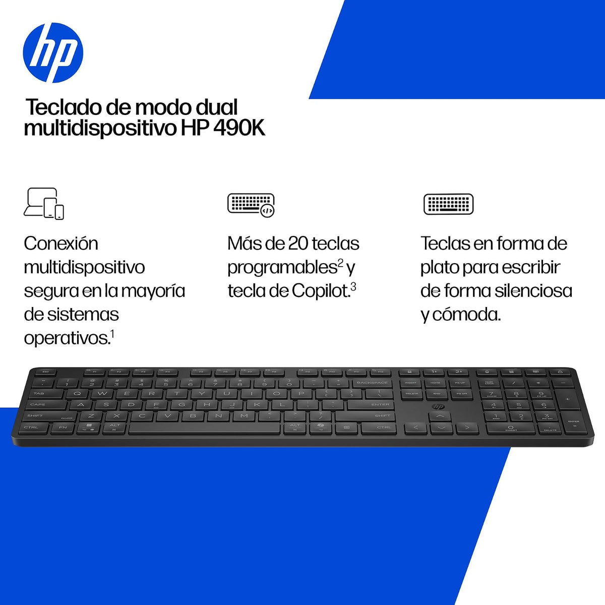 HP Teclado Inalámbrico 490K Modo Dual, Multidispositivo, Bluetooth, USB, Teclas Silenciosas y Programables, 22 Teclas, Tecla Copilot, Compatible Windows, macOS, iOS y Android, QWERTY Español, Negro