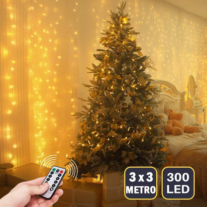 DOSYU Cortina de Luces LED Calido Blanco 3Mx3M 300LEDs, 8 Modos de lluminación, Lámparas Decorativas Impermeables para Interior y Exterior con Gancho, Luz Cadena para Navidad, Fiestas, Jardín, Boda