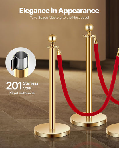 VEVOR 4 PCS Poste de Estaca de Acero Inoxidable de 1,5 m con Base Hueca de Inyección de Arena y 2 Cuerdas de Terciopelo Rojo, Barreras de Control de Multitudes para Teatro, Fiesta, Boda, Dorado