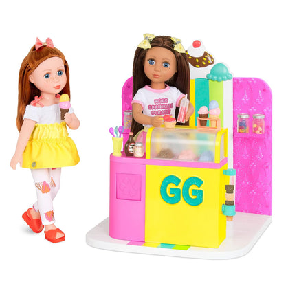 Glitter Girls Juego de heladería para muñecas con golosinas | Juego de heladería para muñecas de 36 cm con 79 piezas, tarros, conos, estantes y accesorios para servir, 3 años y +