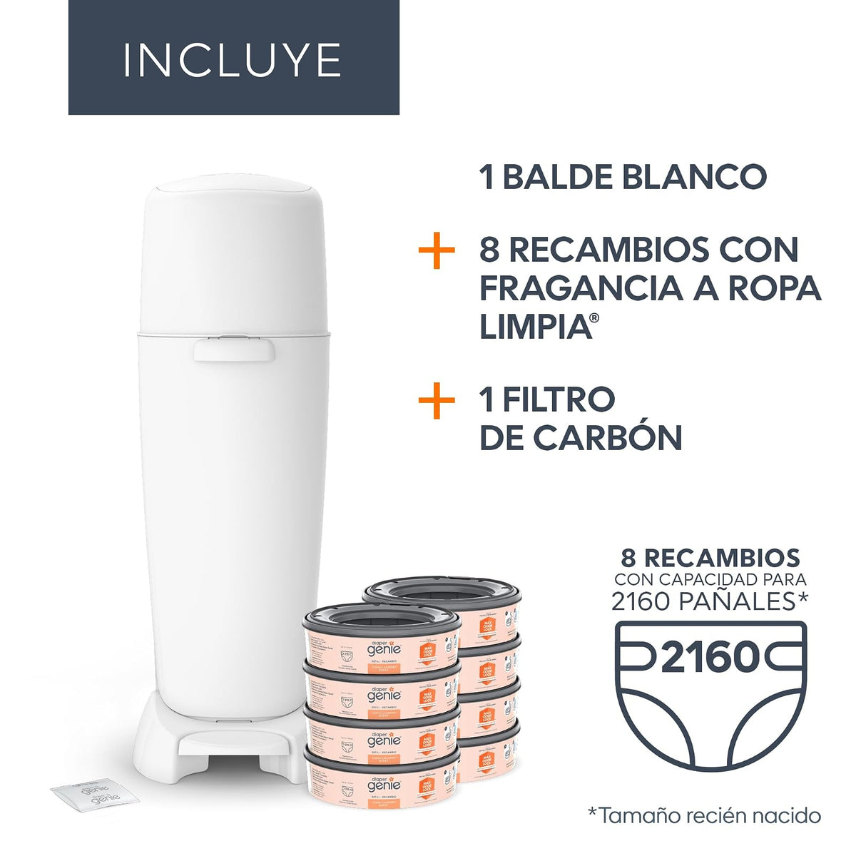 Set de regalo Diaper Genie Complete | Incluye 8 recambios redondos con fragancia Clean Laundry que pueden contener hasta 2160 pañales tamaño recién nacido y 1 filtro de carbón.