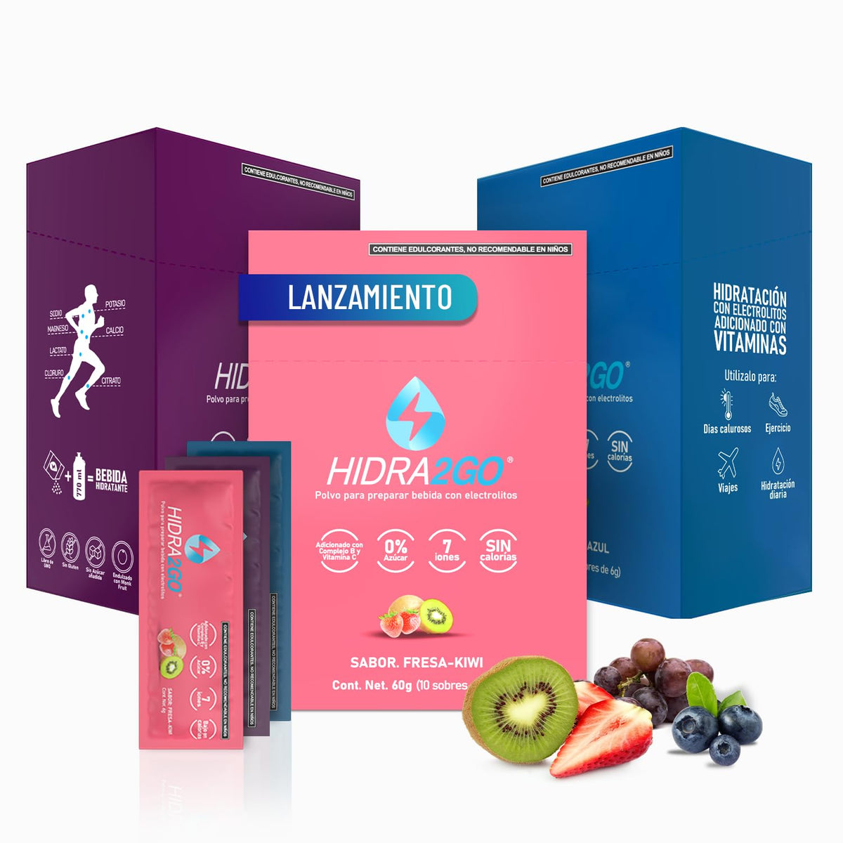 Hidra2go Electrolitos en Polvo Sin Azúcar, Sabores Surtidos - Uva-Mora Azul-Fresa Kiwi - Pack x3 Adulto