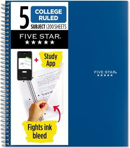Five Star Cuaderno de Espiral 5 Materias, 200 Hojas - Azul - 1 Count (Pack of 1)