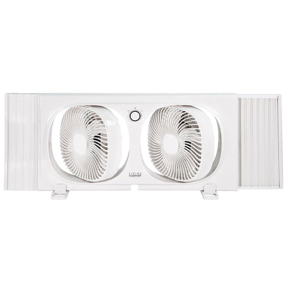 Comfort Zone Living Comfort Ventilador de ventana doble de 9 pulgadas con 2 velocidades y cabezales giratorios individualmente de 180°, visualización extraíble para insectos, ideal para el hogar