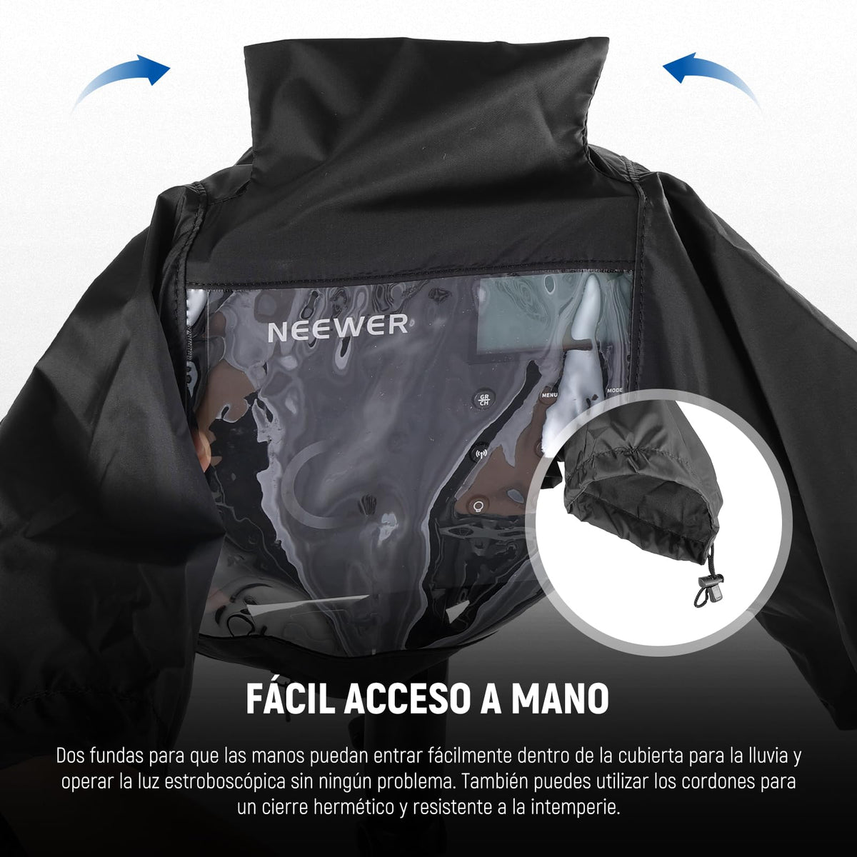 NEEWER Cubierta de Lluvia para Flash Strobe Exterior Q4, Impermeable Lente Cámara Nylon con Ventana Visual, Mangas, Cierres Táctiles, Cordones, Solo Compatible con NEEWER Q4 Luz Estroboscópica, CQP1