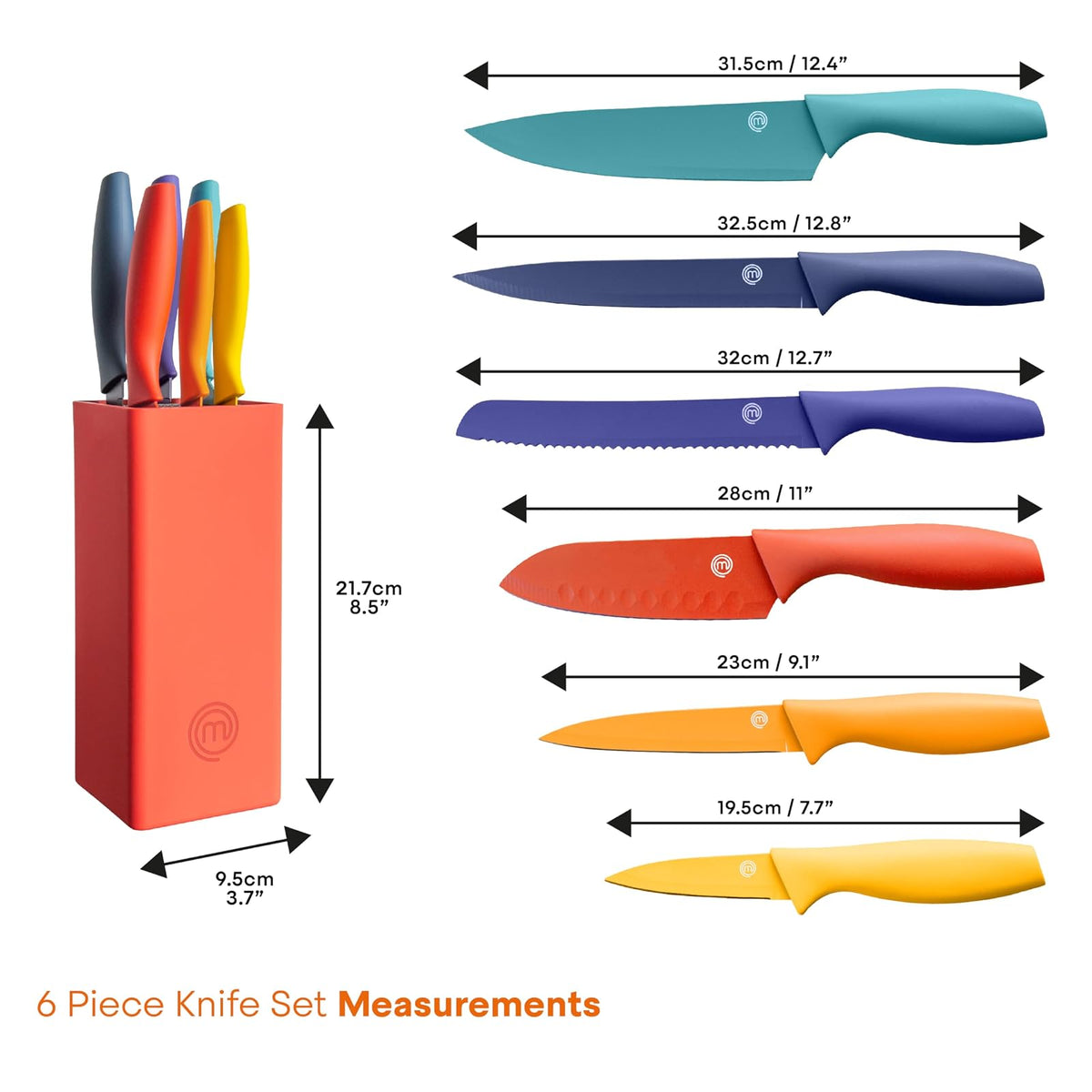 MasterChef - Juego de 6 cuchillos de cocina, cuchillas de acero inoxidable extra afiladas para corte profesional con revestimiento antiadherente y asas suaves al tacto de fácil agarre en un bloque