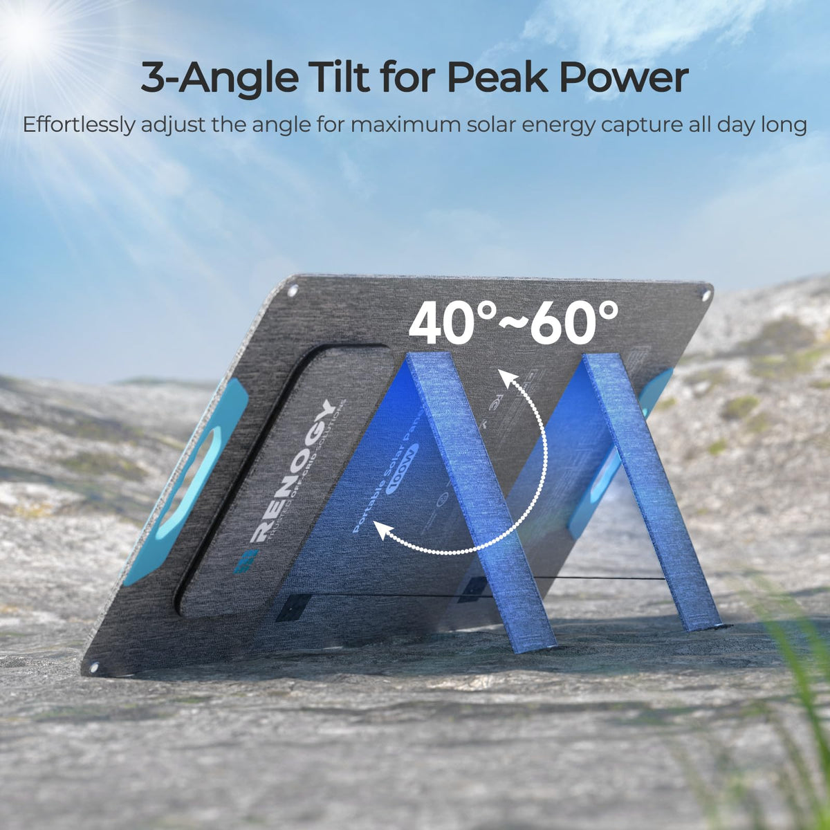Renogy - Panel solar de 100 W, paneles solares portátiles tipo N de 100 W, con soporte, cargador solar plegable del 25% de alta eficiencia para central eléctrica, salida USB-A y tipo C, para camping