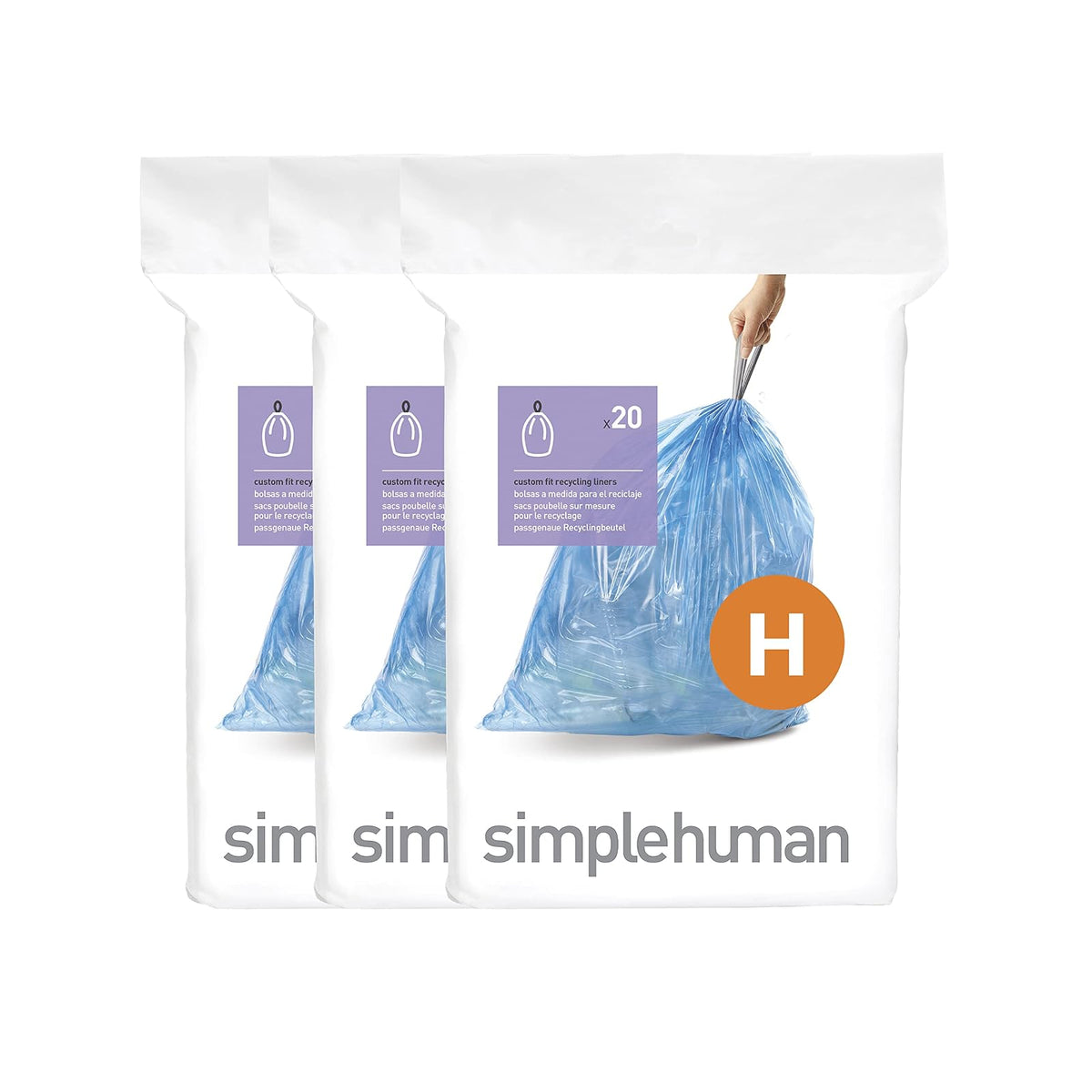 simplehuman, 3 x Paquete de 20 Bolsas de Basura a Medida (60 Bolsas), código H, para Reciclaje, plástico Azul