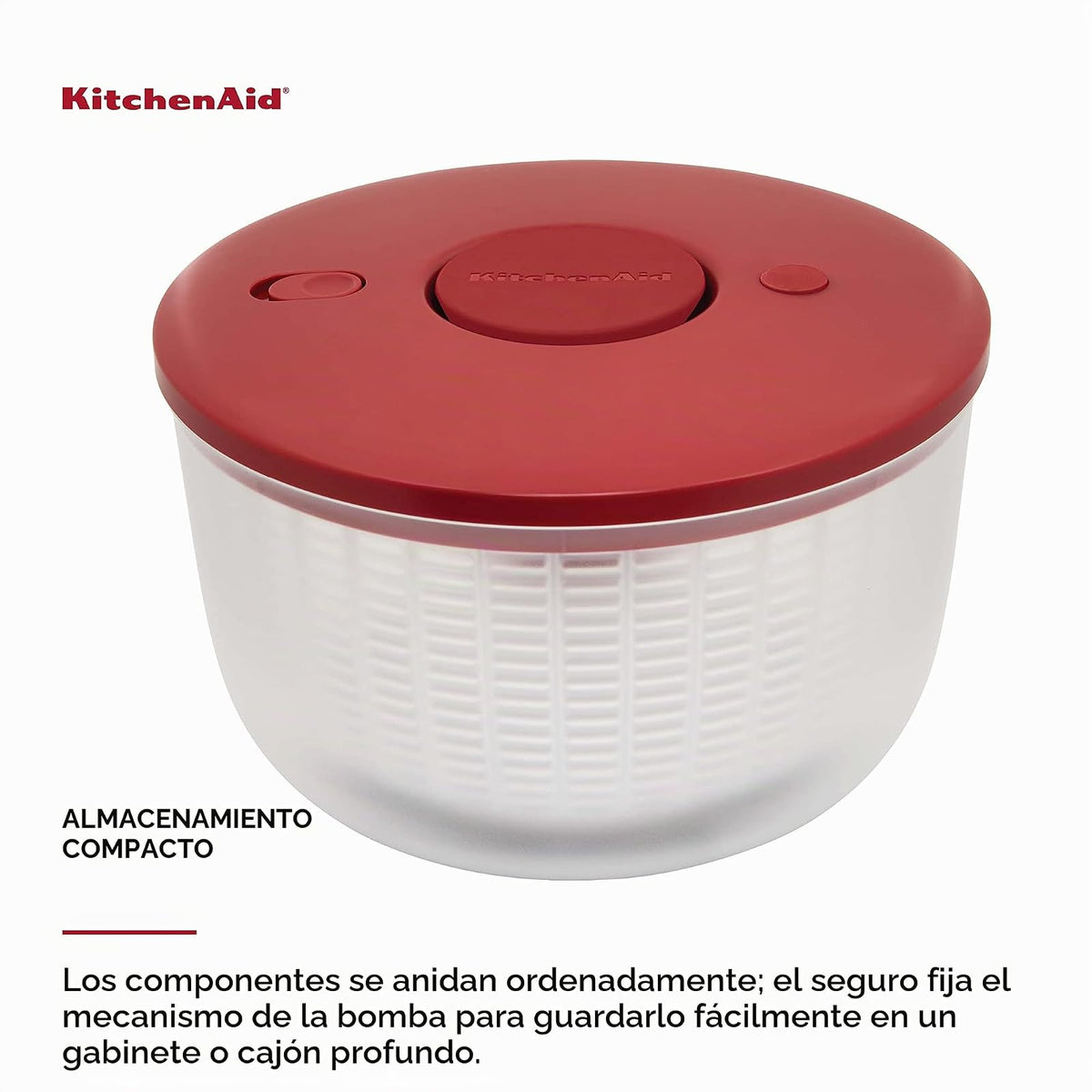 Kitchenaid Spinner Universal para Ensaladas con Tazón Extraíble, Colador y Mecanismo de Bomba con una Sola Mano, Nidos de Tazón Grande y Cuenta con Base Antideslizante, 7.43 Cuartos de Galón, Rojo