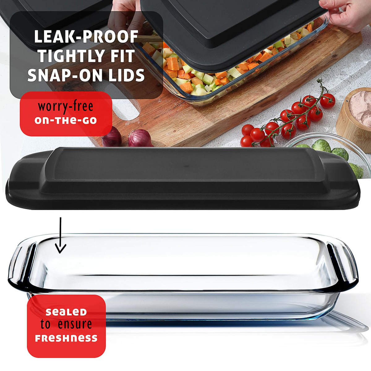 EATEX - Cazuela de vidrio profundo de 8 piezas para horno con tapas de plástico, platos de horno de vidrio para horno, utensilios rectangulares para hornear para lasaña, cocina, sobras, cocina