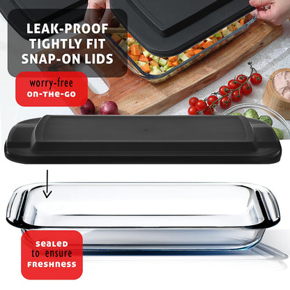 EATEX - Cazuela de vidrio profundo de 8 piezas para horno con tapas de plástico, platos de horno de vidrio para horno, utensilios rectangulares para hornear para lasaña, cocina, sobras, cocina
