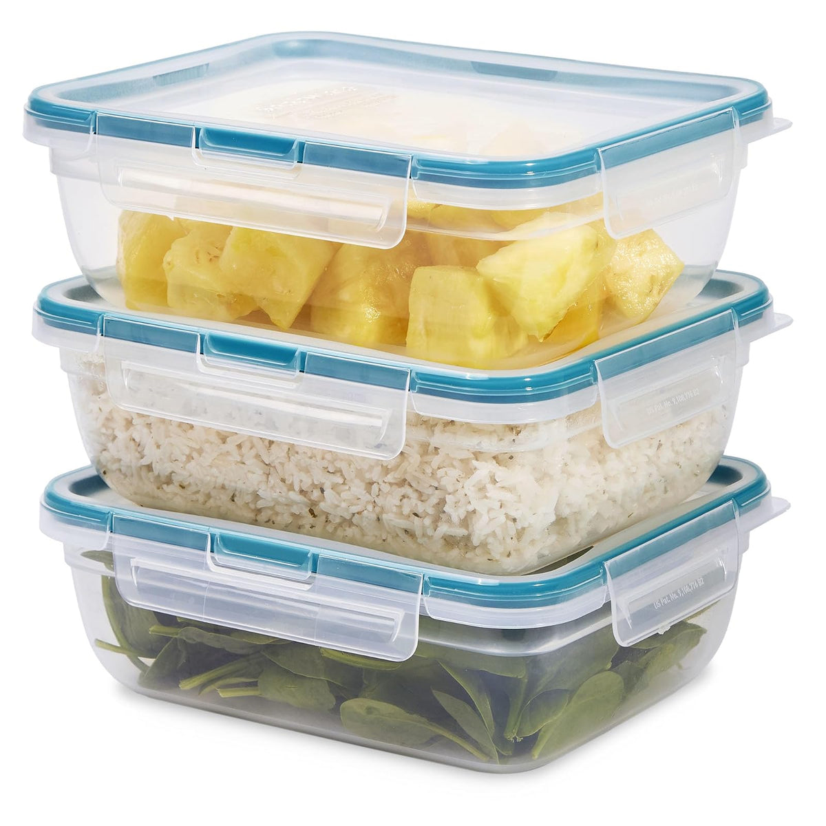 Snapware Total Solution - Juego de 3 recipientes de plástico para almacenamiento de alimentos, a prueba de fugas y herméticas, tapas rectangulares, tapas no tóxicas sin BPA, aptas para microondas y