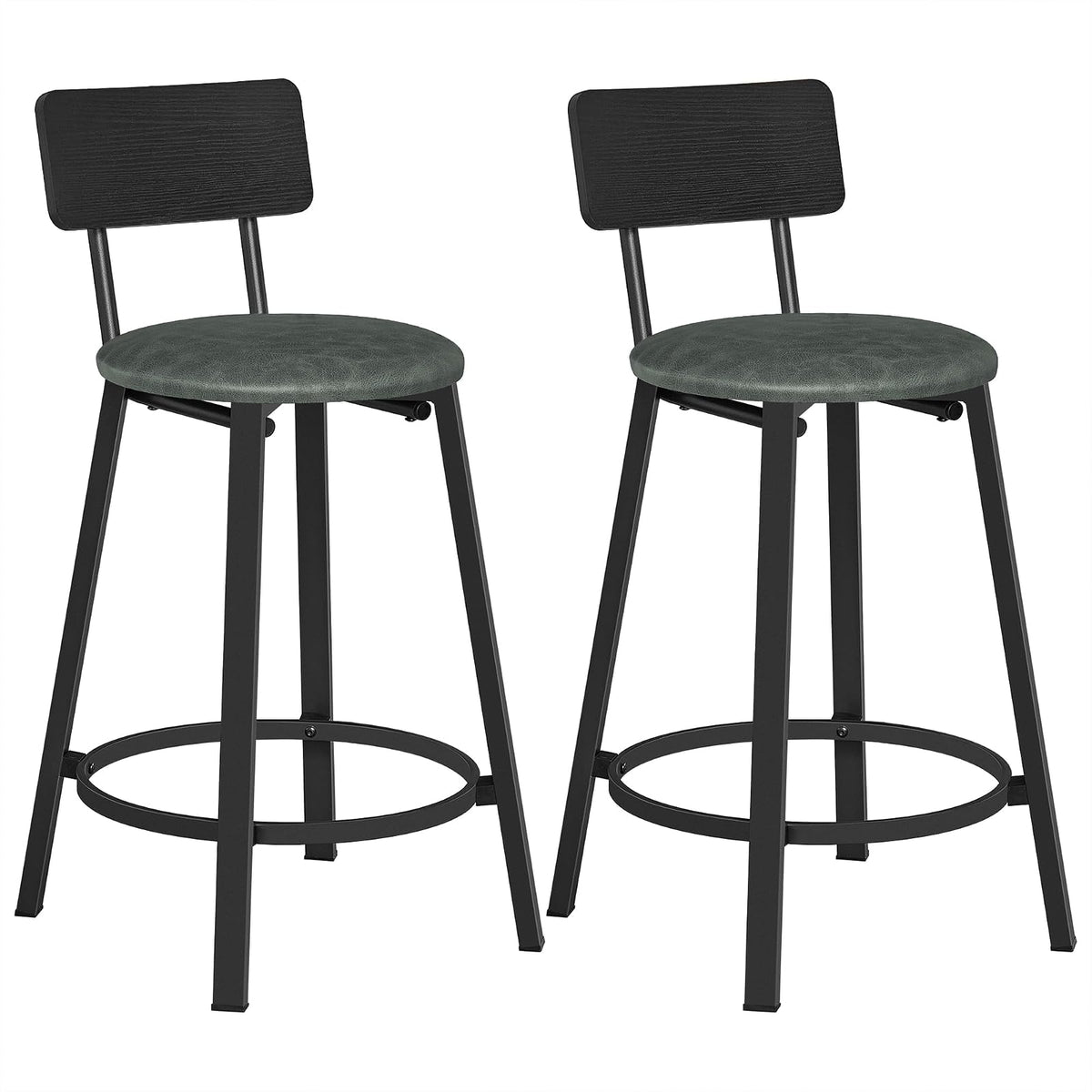 VASAGLE - Taburetes de Bar, Juego de 2, Tapizados de Poliuretano, con Respaldo y Reposapiés, Montaje Simple, para Comedor y Cocina, Negro y Verde Bosque