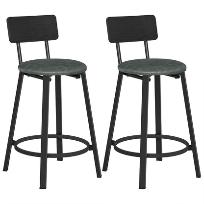 VASAGLE - Taburetes de Bar, Juego de 2, Tapizados de Poliuretano, con Respaldo y Reposapiés, Montaje Simple, para Comedor y Cocina, Negro y Verde Bosque