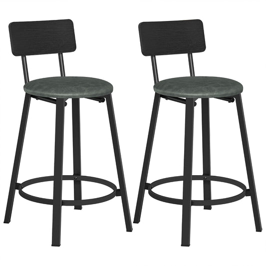 VASAGLE - Taburetes de Bar, Juego de 2, Tapizados de Poliuretano, con Respaldo y Reposapiés, Montaje Simple, para Comedor y Cocina, Negro y Verde Bosque
