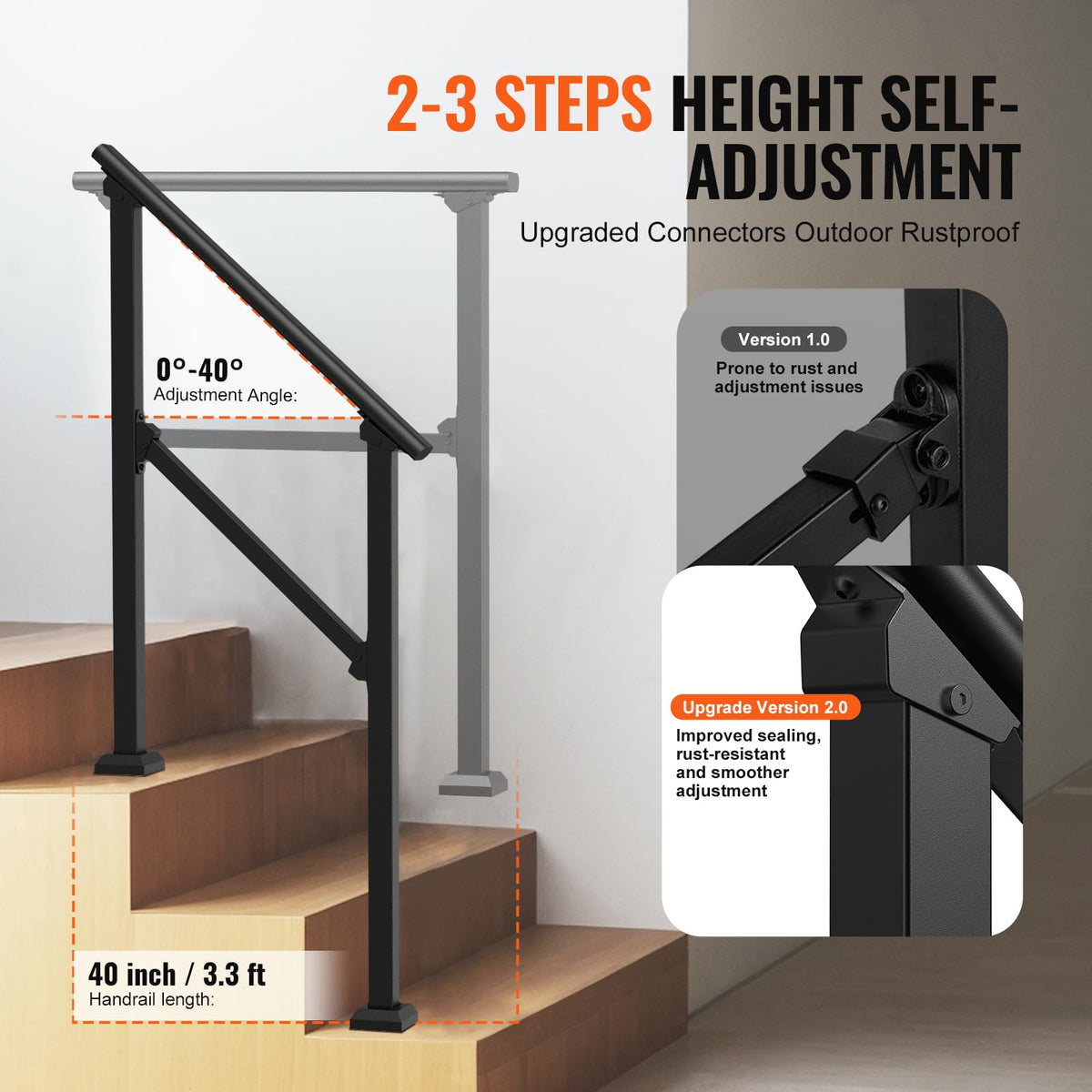 VEVOR de Escalera para Pasamanos de Escalera 2-3 Escalones 2 PCS con Kit de Instalación Tubo Cuadrado de Acero al Carbono para Personas Mayores, Escalones de Concreto, Porche, Patio, Negro